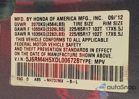 2013 Honda Cr-V Ex from USA, damaged, VIN 5J6RM4H5XDL006728
